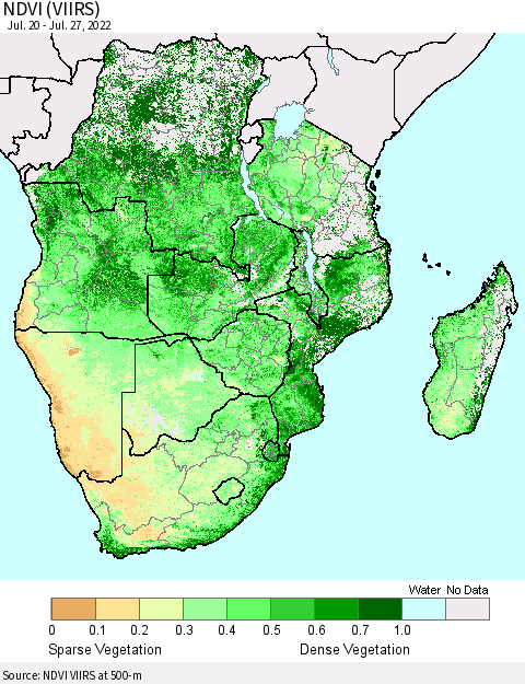 Southern Africa NDVI (VIIRS) Thematic Map For 7/20/2022 - 7/27/2022