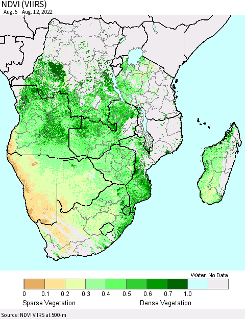 Southern Africa NDVI (VIIRS) Thematic Map For 8/5/2022 - 8/12/2022