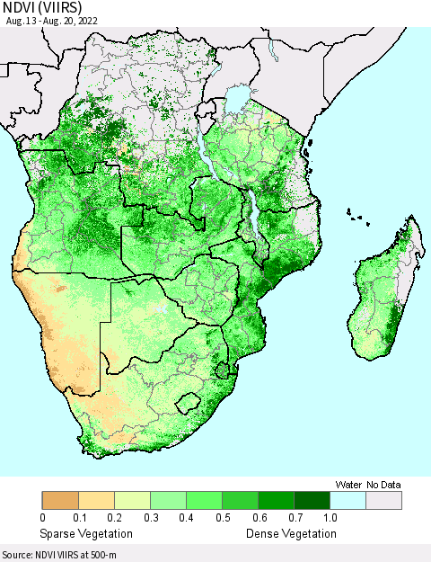 Southern Africa NDVI (VIIRS) Thematic Map For 8/13/2022 - 8/20/2022