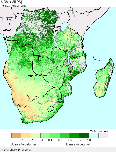 Southern Africa NDVI (VIIRS) Thematic Map For 8/21/2022 - 8/28/2022