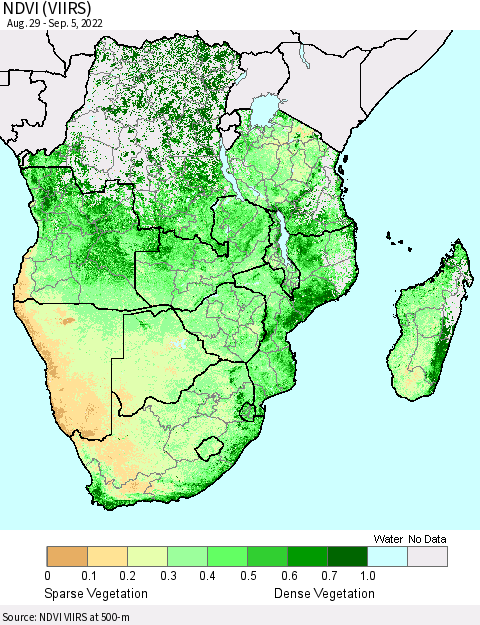 Southern Africa NDVI (VIIRS) Thematic Map For 8/29/2022 - 9/5/2022