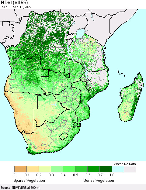 Southern Africa NDVI (VIIRS) Thematic Map For 9/6/2022 - 9/13/2022