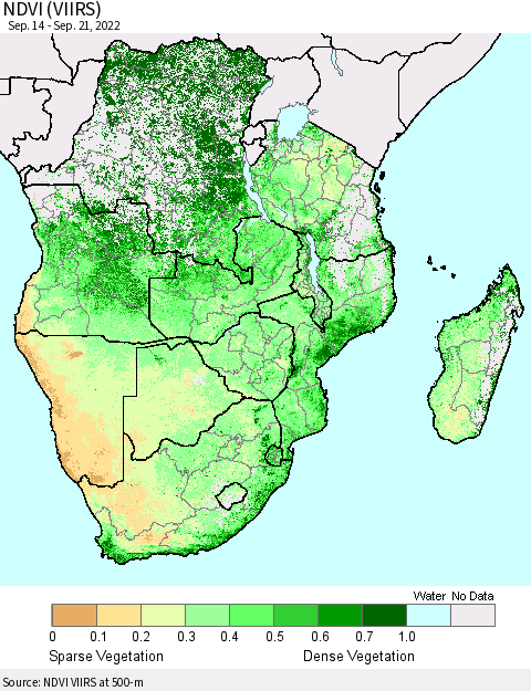 Southern Africa NDVI (VIIRS) Thematic Map For 9/14/2022 - 9/21/2022