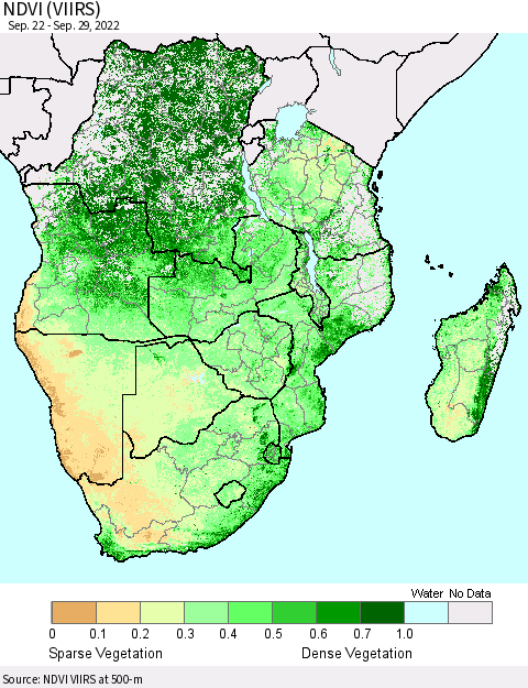 Southern Africa NDVI (VIIRS) Thematic Map For 9/22/2022 - 9/29/2022