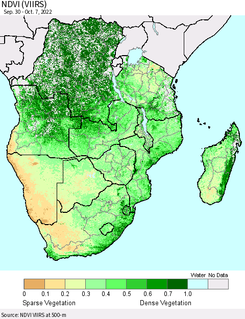 Southern Africa NDVI (VIIRS) Thematic Map For 9/30/2022 - 10/7/2022