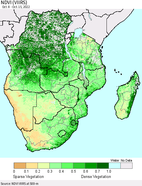 Southern Africa NDVI (VIIRS) Thematic Map For 10/8/2022 - 10/15/2022