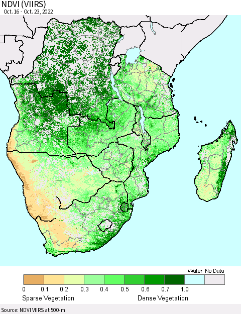 Southern Africa NDVI (VIIRS) Thematic Map For 10/16/2022 - 10/23/2022