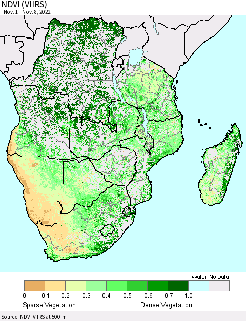 Southern Africa NDVI (VIIRS) Thematic Map For 11/1/2022 - 11/8/2022