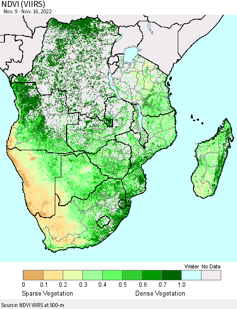 Southern Africa NDVI (VIIRS) Thematic Map For 11/9/2022 - 11/16/2022