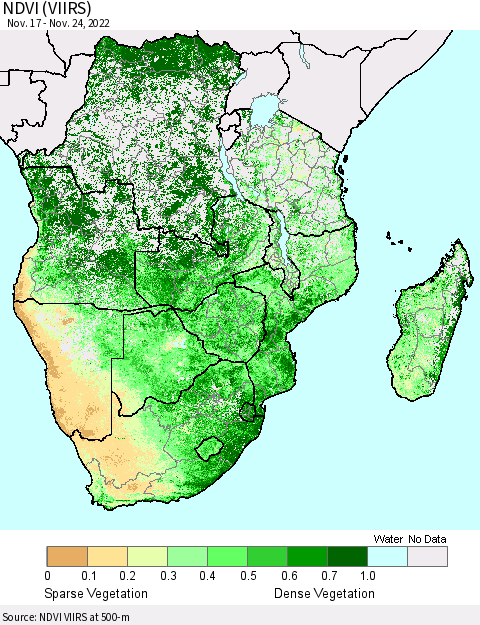 Southern Africa NDVI (VIIRS) Thematic Map For 11/17/2022 - 11/24/2022