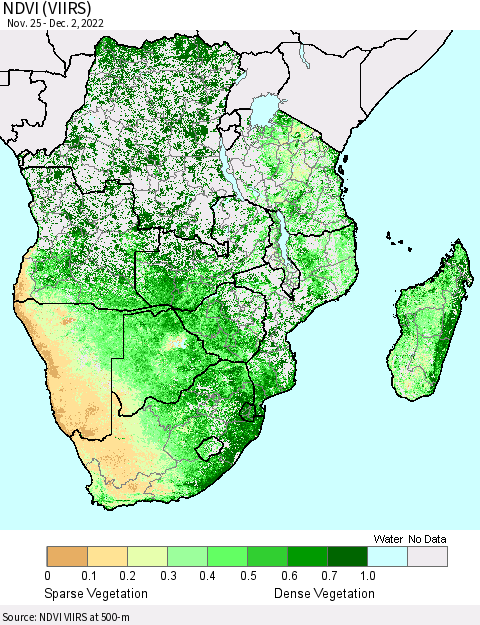 Southern Africa NDVI (VIIRS) Thematic Map For 11/25/2022 - 12/2/2022