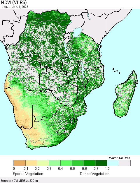 Southern Africa NDVI (VIIRS) Thematic Map For 1/1/2023 - 1/8/2023