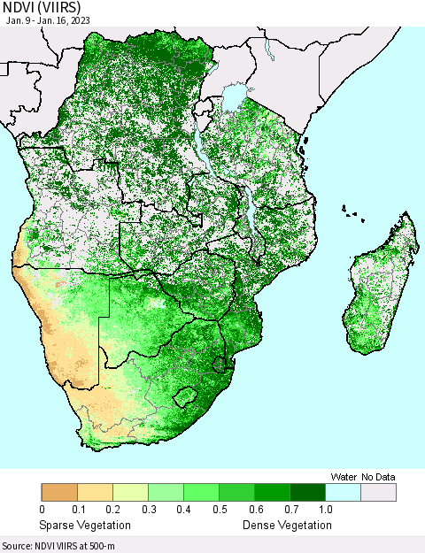 Southern Africa NDVI (VIIRS) Thematic Map For 1/9/2023 - 1/16/2023