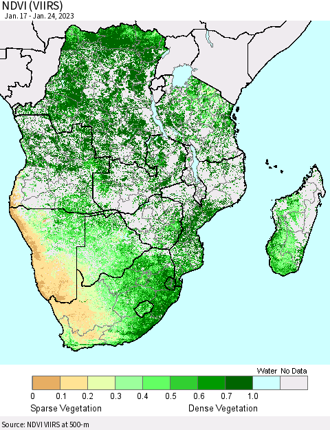 Southern Africa NDVI (VIIRS) Thematic Map For 1/17/2023 - 1/24/2023