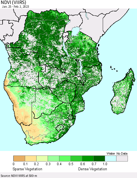 Southern Africa NDVI (VIIRS) Thematic Map For 1/25/2023 - 2/1/2023