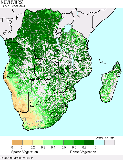 Southern Africa NDVI (VIIRS) Thematic Map For 2/2/2023 - 2/9/2023