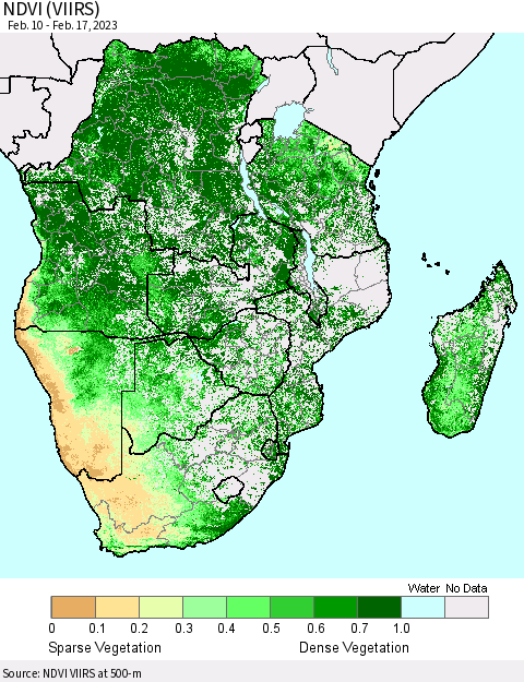 Southern Africa NDVI (VIIRS) Thematic Map For 2/10/2023 - 2/17/2023