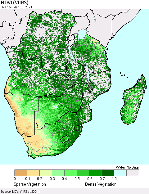 Southern Africa NDVI (VIIRS) Thematic Map For 3/6/2023 - 3/13/2023