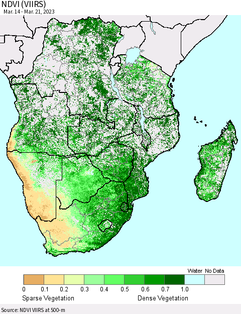 Southern Africa NDVI (VIIRS) Thematic Map For 3/14/2023 - 3/21/2023