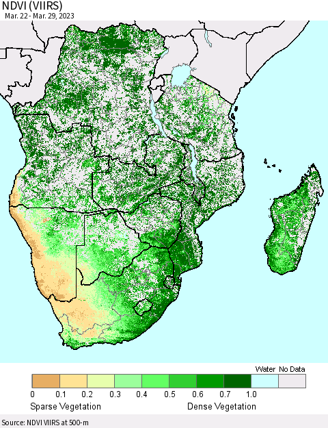 Southern Africa NDVI (VIIRS) Thematic Map For 3/22/2023 - 3/29/2023