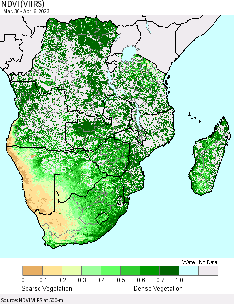 Southern Africa NDVI (VIIRS) Thematic Map For 3/30/2023 - 4/6/2023