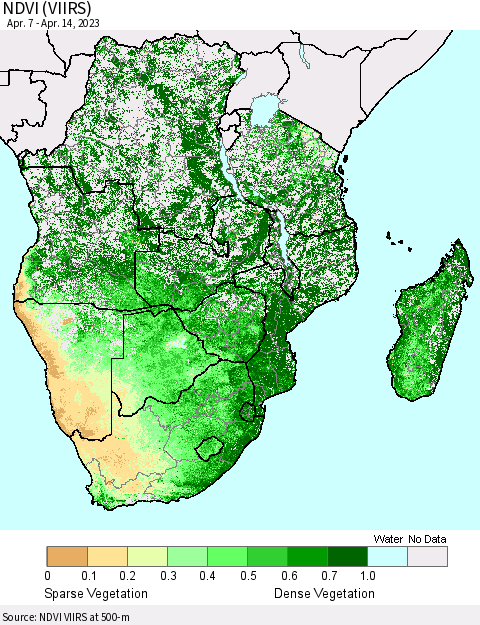 Southern Africa NDVI (VIIRS) Thematic Map For 4/7/2023 - 4/14/2023