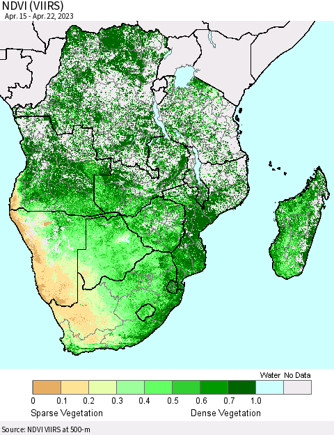 Southern Africa NDVI (VIIRS) Thematic Map For 4/15/2023 - 4/22/2023