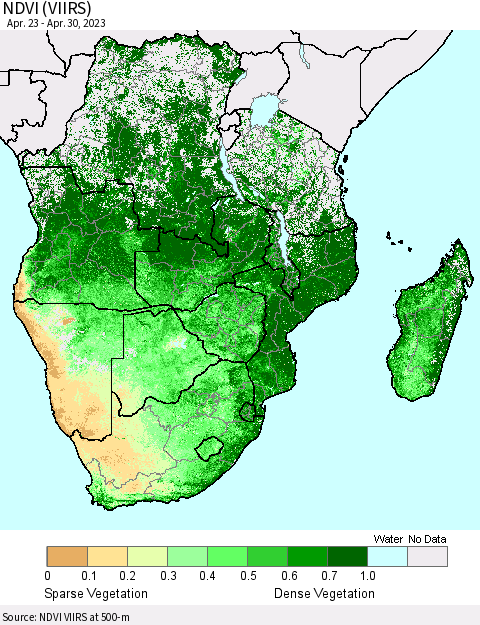 Southern Africa NDVI (VIIRS) Thematic Map For 4/23/2023 - 4/30/2023