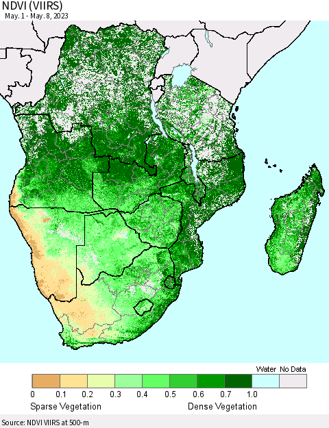 Southern Africa NDVI (VIIRS) Thematic Map For 5/1/2023 - 5/8/2023