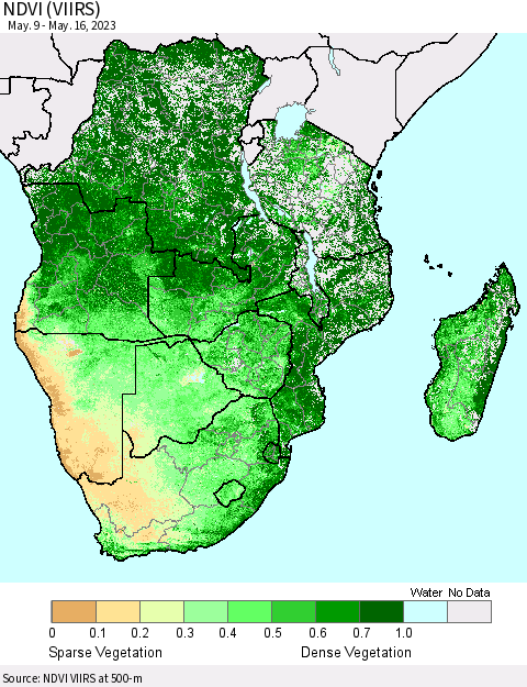 Southern Africa NDVI (VIIRS) Thematic Map For 5/9/2023 - 5/16/2023