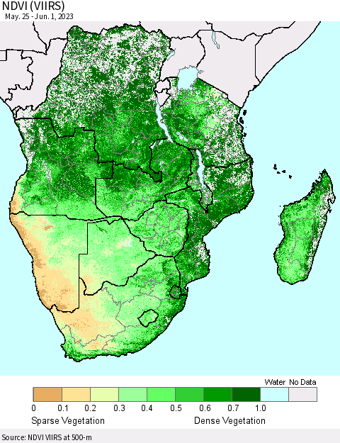 Southern Africa NDVI (VIIRS) Thematic Map For 5/25/2023 - 6/1/2023