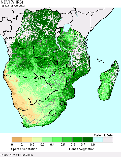 Southern Africa NDVI (VIIRS) Thematic Map For 6/2/2023 - 6/9/2023