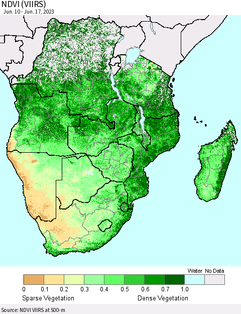 Southern Africa NDVI (VIIRS) Thematic Map For 6/10/2023 - 6/17/2023