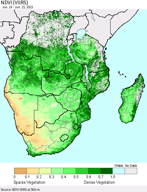 Southern Africa NDVI (VIIRS) Thematic Map For 6/18/2023 - 6/25/2023