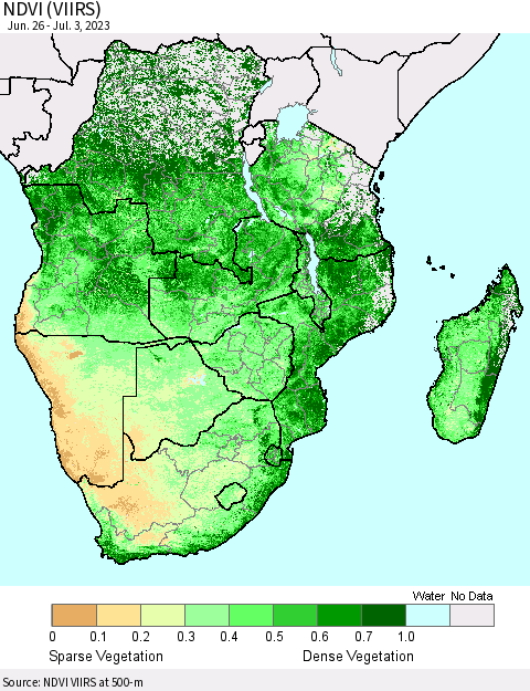 Southern Africa NDVI (VIIRS) Thematic Map For 6/26/2023 - 7/3/2023