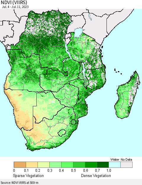 Southern Africa NDVI (VIIRS) Thematic Map For 7/4/2023 - 7/11/2023