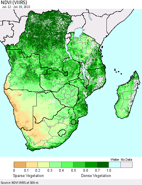 Southern Africa NDVI (VIIRS) Thematic Map For 7/12/2023 - 7/19/2023