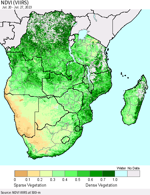 Southern Africa NDVI (VIIRS) Thematic Map For 7/20/2023 - 7/27/2023