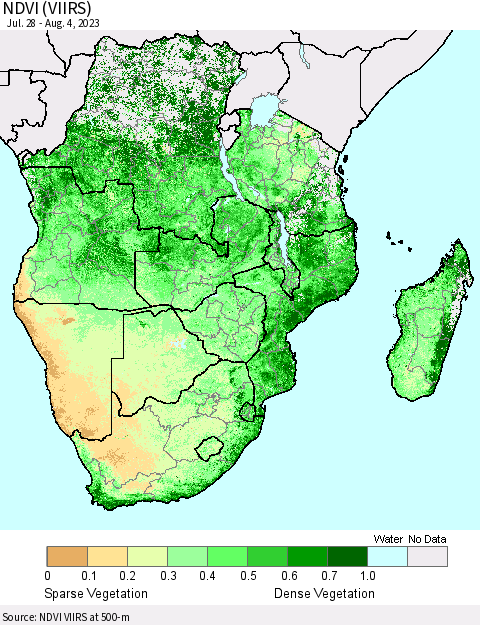 Southern Africa NDVI (VIIRS) Thematic Map For 7/28/2023 - 8/4/2023