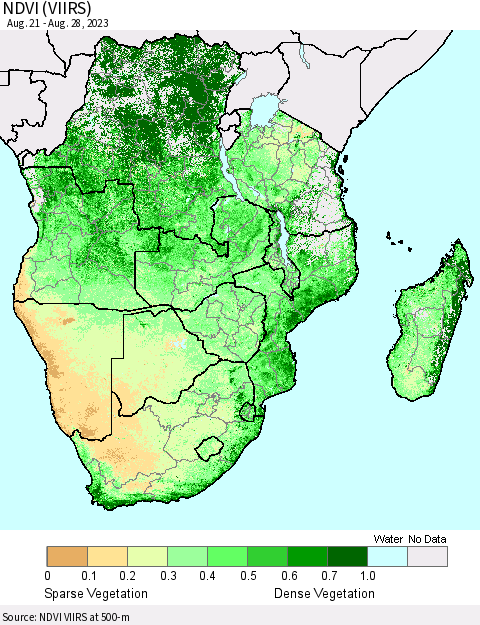 Southern Africa NDVI (VIIRS) Thematic Map For 8/21/2023 - 8/28/2023
