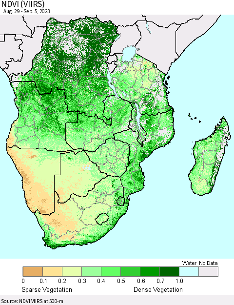 Southern Africa NDVI (VIIRS) Thematic Map For 8/29/2023 - 9/5/2023