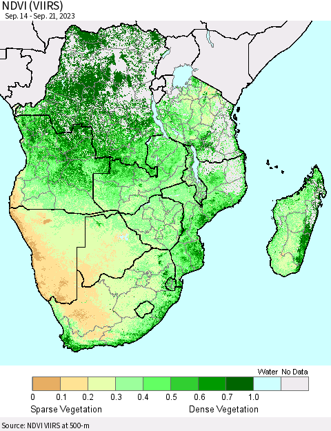Southern Africa NDVI (VIIRS) Thematic Map For 9/14/2023 - 9/21/2023
