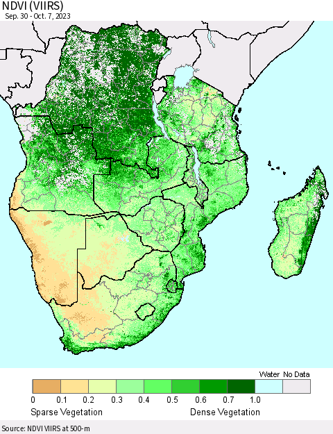 Southern Africa NDVI (VIIRS) Thematic Map For 9/30/2023 - 10/7/2023
