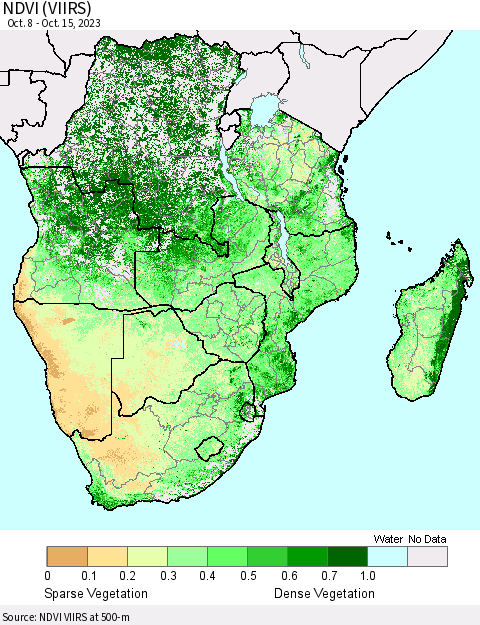 Southern Africa NDVI (VIIRS) Thematic Map For 10/8/2023 - 10/15/2023