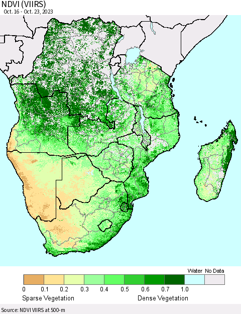 Southern Africa NDVI (VIIRS) Thematic Map For 10/16/2023 - 10/23/2023