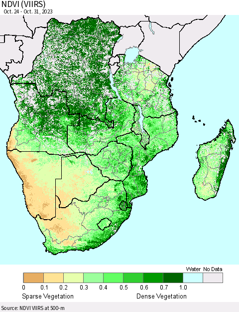 Southern Africa NDVI (VIIRS) Thematic Map For 10/24/2023 - 10/31/2023