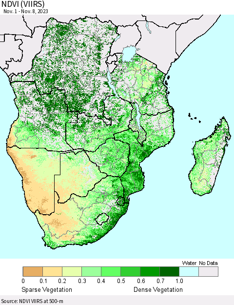 Southern Africa NDVI (VIIRS) Thematic Map For 11/1/2023 - 11/8/2023
