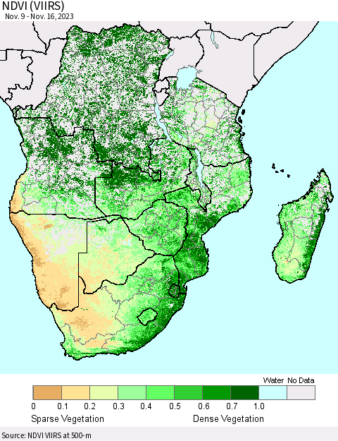 Southern Africa NDVI (VIIRS) Thematic Map For 11/9/2023 - 11/16/2023