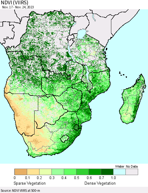 Southern Africa NDVI (VIIRS) Thematic Map For 11/17/2023 - 11/24/2023