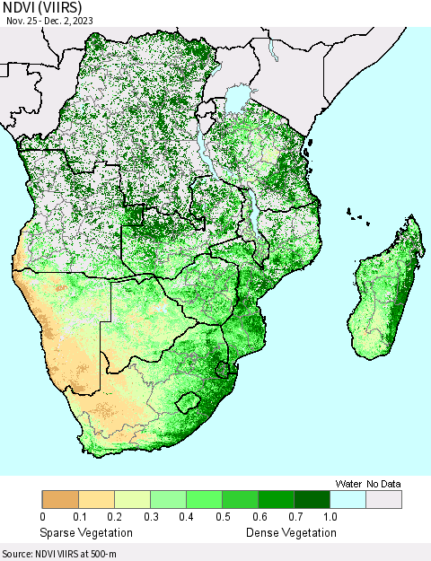 Southern Africa NDVI (VIIRS) Thematic Map For 11/25/2023 - 12/2/2023